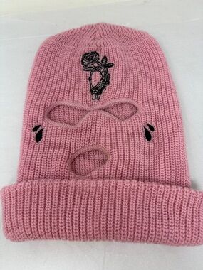 Pink Knit Balaclava Beanie Face Ski Mask Embroidered skeletal hand rose tears